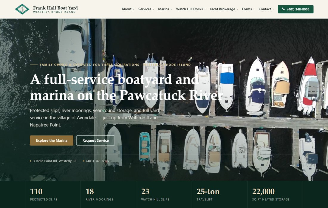 Frank Hall Boat Yard homepage — aerial marina photo with serif headline over the Pawcatuck River