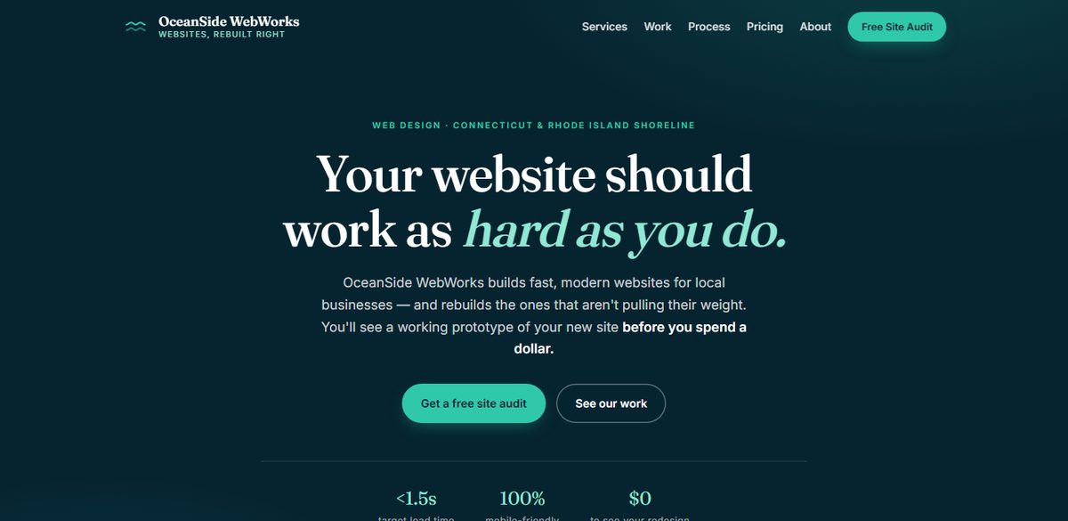 OceanSide WebWorks homepage — dark navy hero, serif headline, free audit call to action