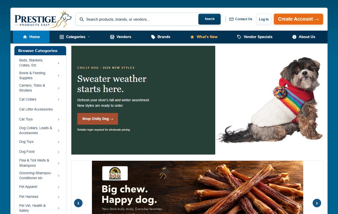 Prestige Products East storefront — wholesale pet product catalog with categories and featured brands